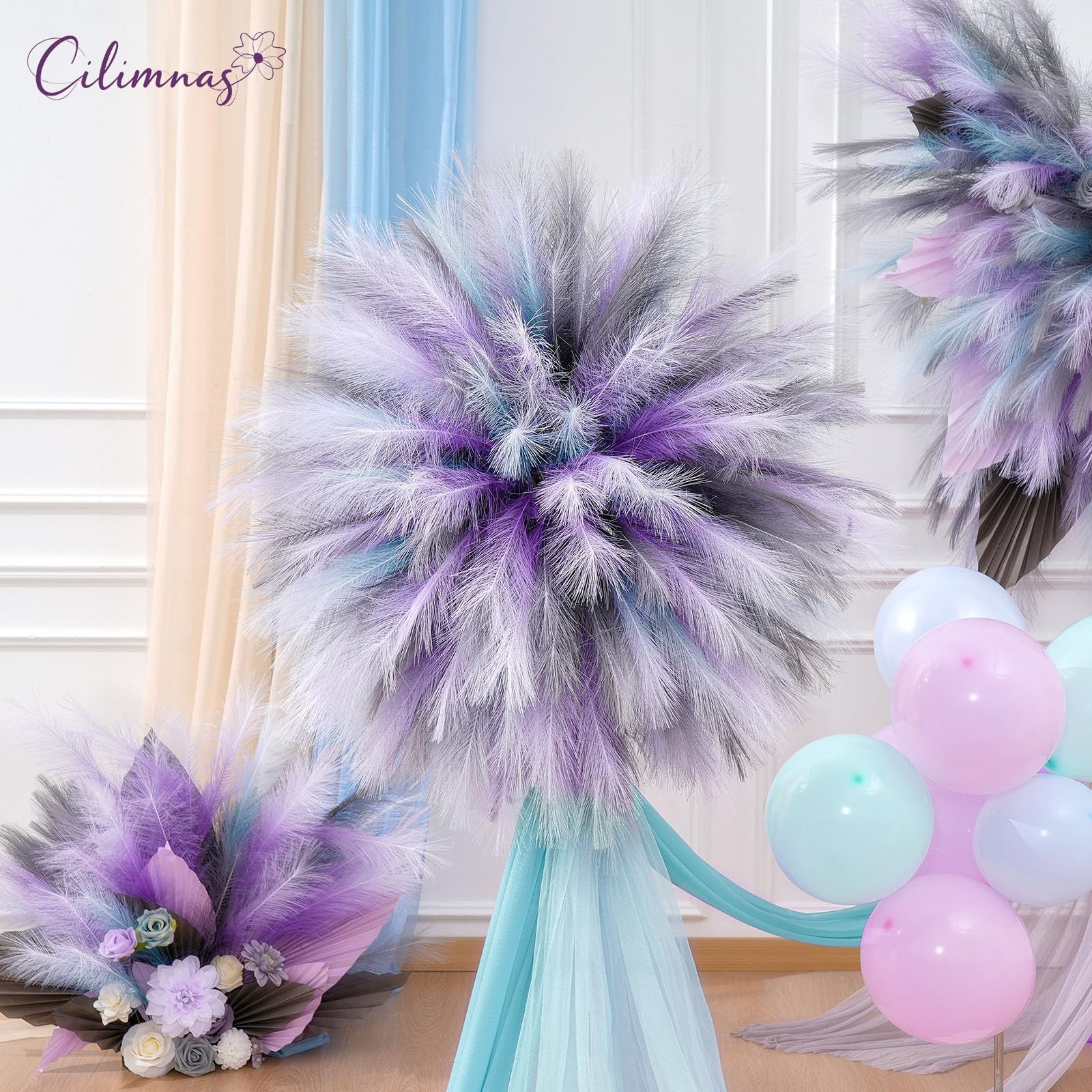 50 PCS 17.7 Inch Artificial Fluffy Faux Pampas Grass Gradient Blue Decor