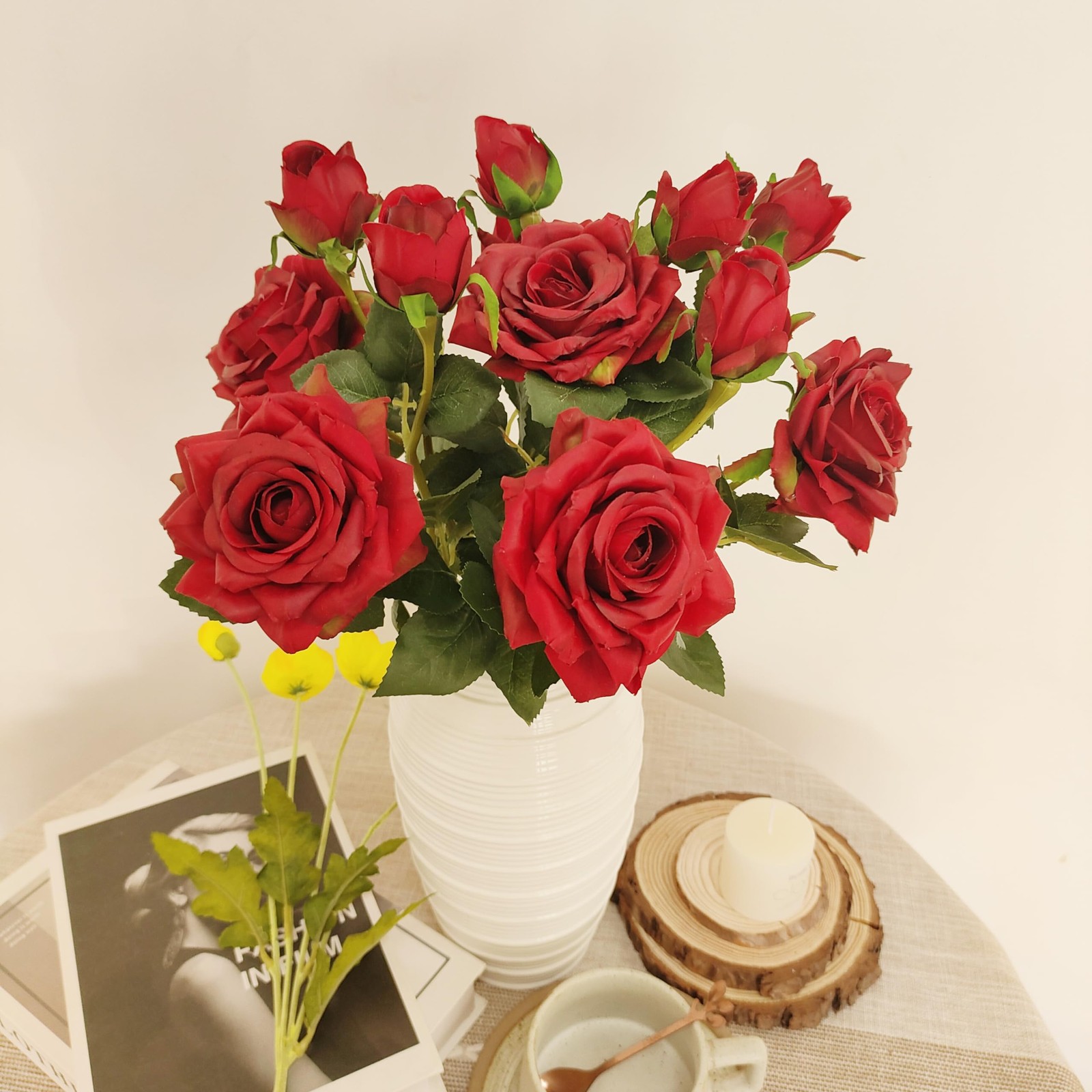 Fake Red Roses Flowers, 6 Pcs Faux Silk Real Touch Moisturizing Artificial Ro…