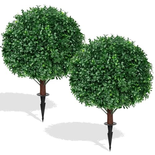 2Pack Artificial Topiary Ball Trees, 16” UV Resistant Fake Evergreen Boxwood