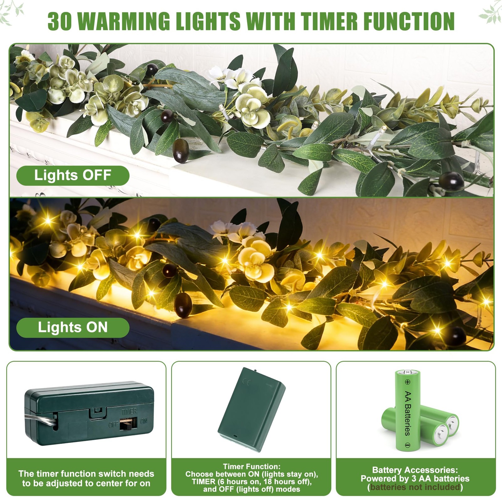 Olive Garland with Lights – 6 Ft Eucalyptus Garland with Timer 30 Fairy Light…
