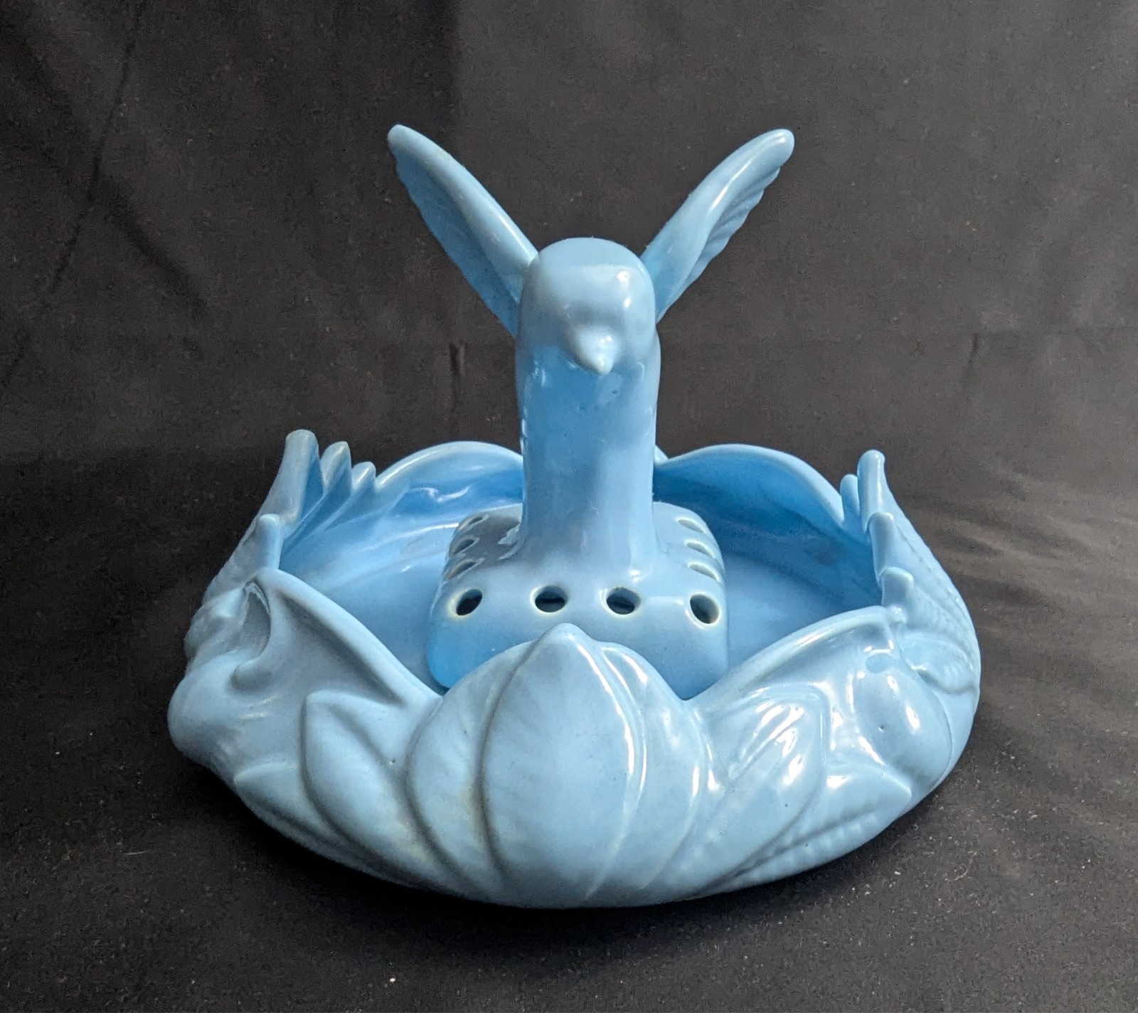 Vtg Camark Art Pottery Blue Shallow Bowl Planter & Bird Flower Frog Set (S4)