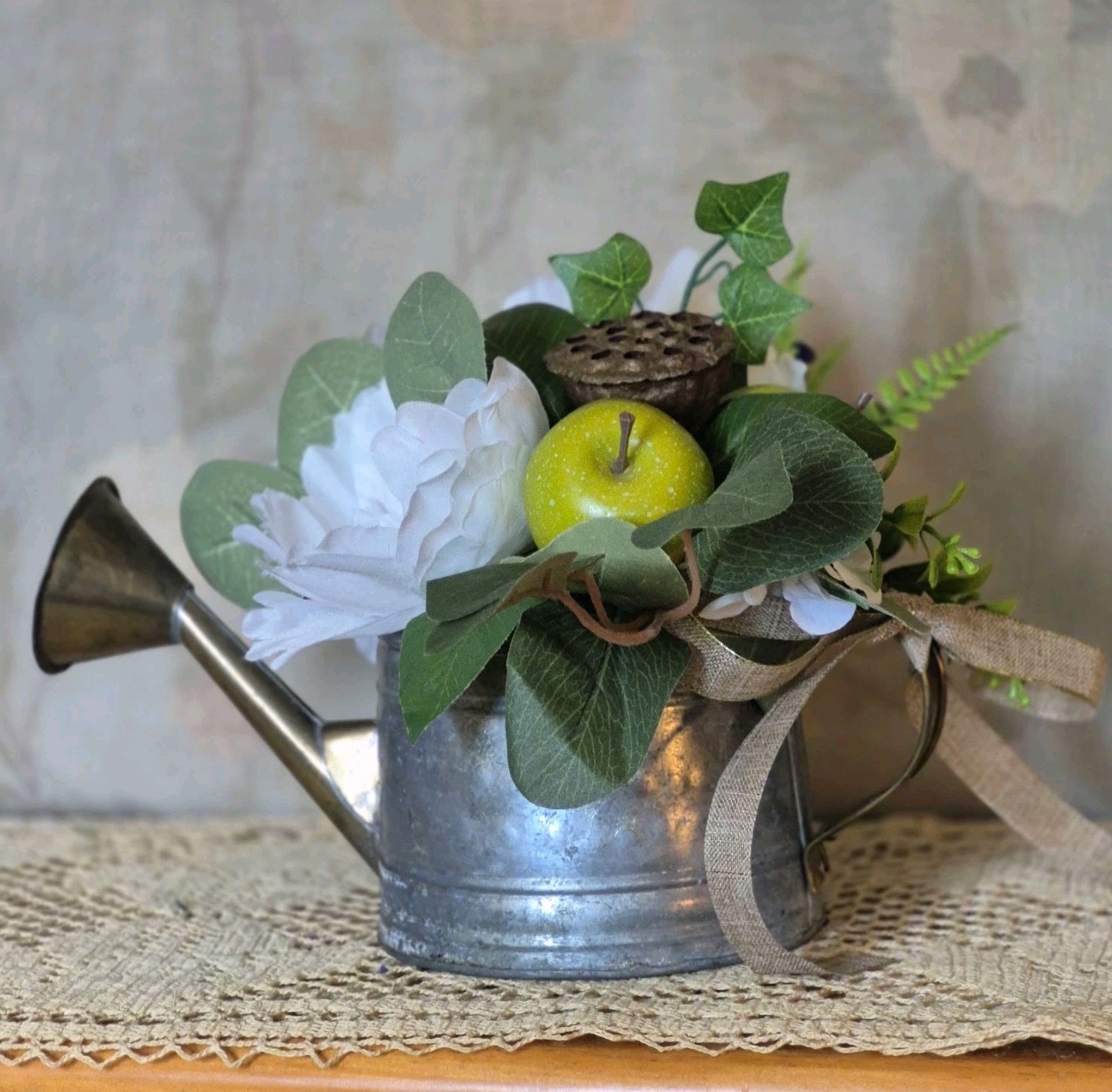 Floral Centerpiece, Vintage Metal Watering Can Cottagecore Faux Flowers