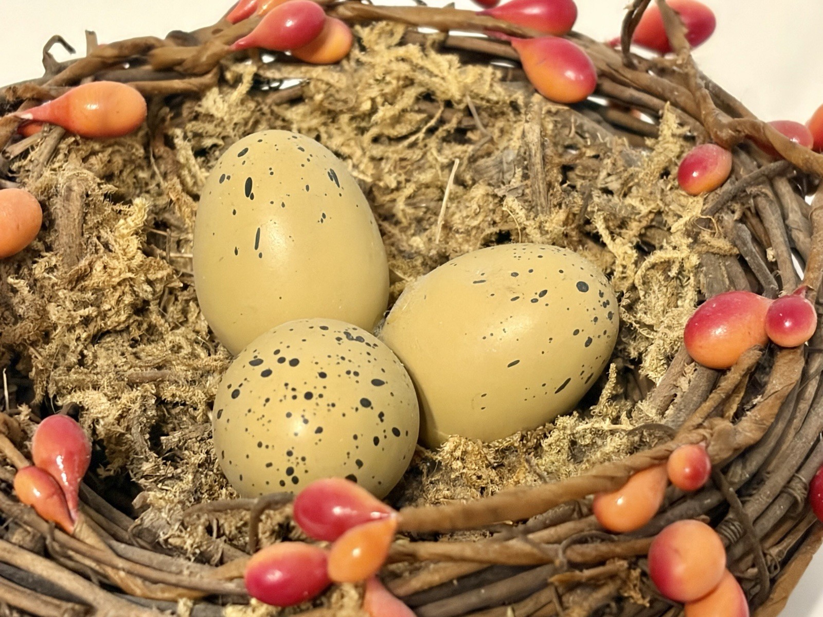 twig bird nest basket featuring faux eggs, , and moss Easter Decor Eggs Nest Vtg