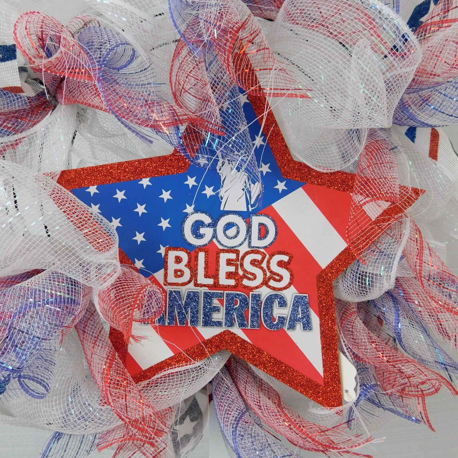 Handmade Mesh Wreath Patriotic God Bless America Glitter Star July 4th #C316