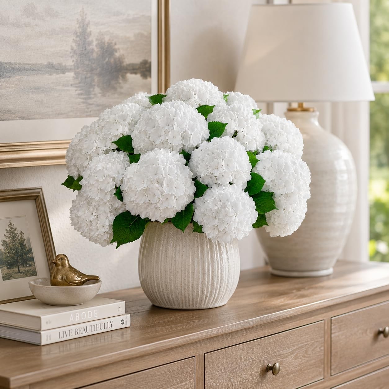 4PCS White Hydrangea Artificial Flowers, UV Resistant Faux Hydrangeas Flowers…