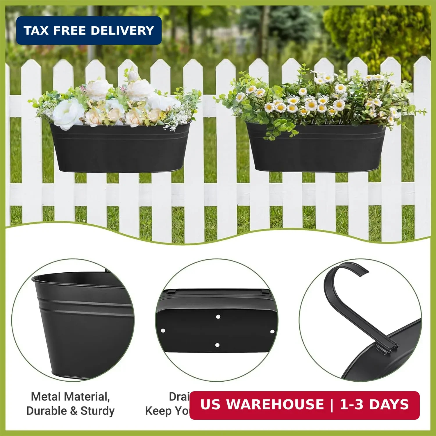 Dahey 3 Pcs Metal Hanging Flower Pots for Railing Fence Outdoor Planter 15.7 Inc