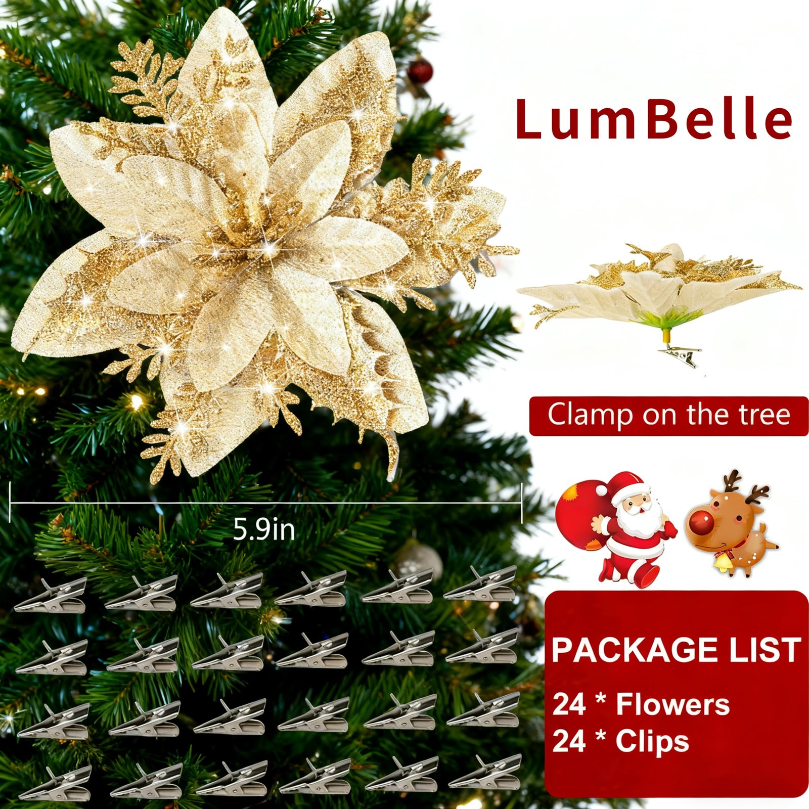 24 PCS Gold 5.9 Inch Christmas Artificial Poinsettia Glitter Flowers Decor