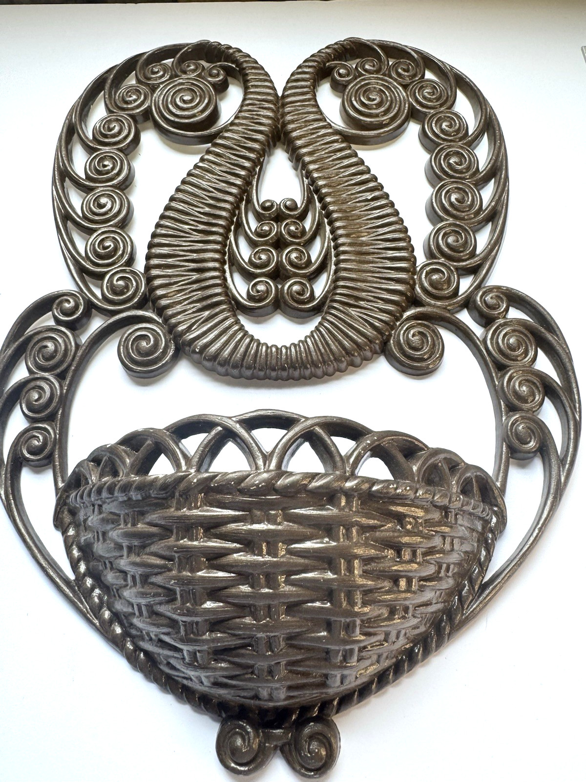 Hollywood Regency Homeco Burwood Wall Pocket Planter Faux Wicker Scroll Design