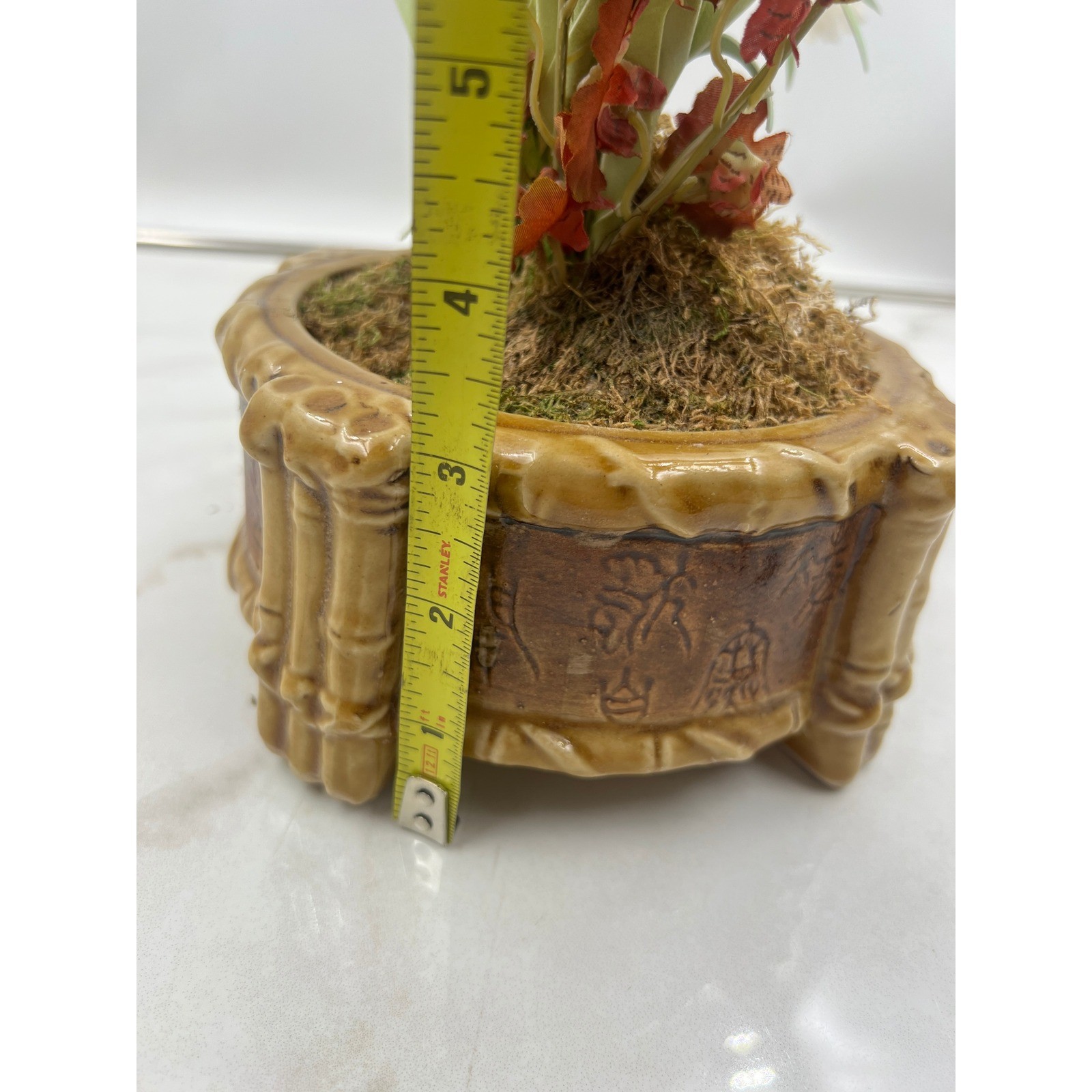 Vintage Faux Orchid Silk Flower Arrangement in Bamboo Style Ceramic Footed Pot