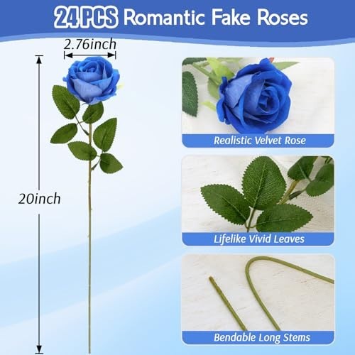 24 Blue Velvet Silk Roses – Realistic Artificial Flowers for Wedding Decor, Part