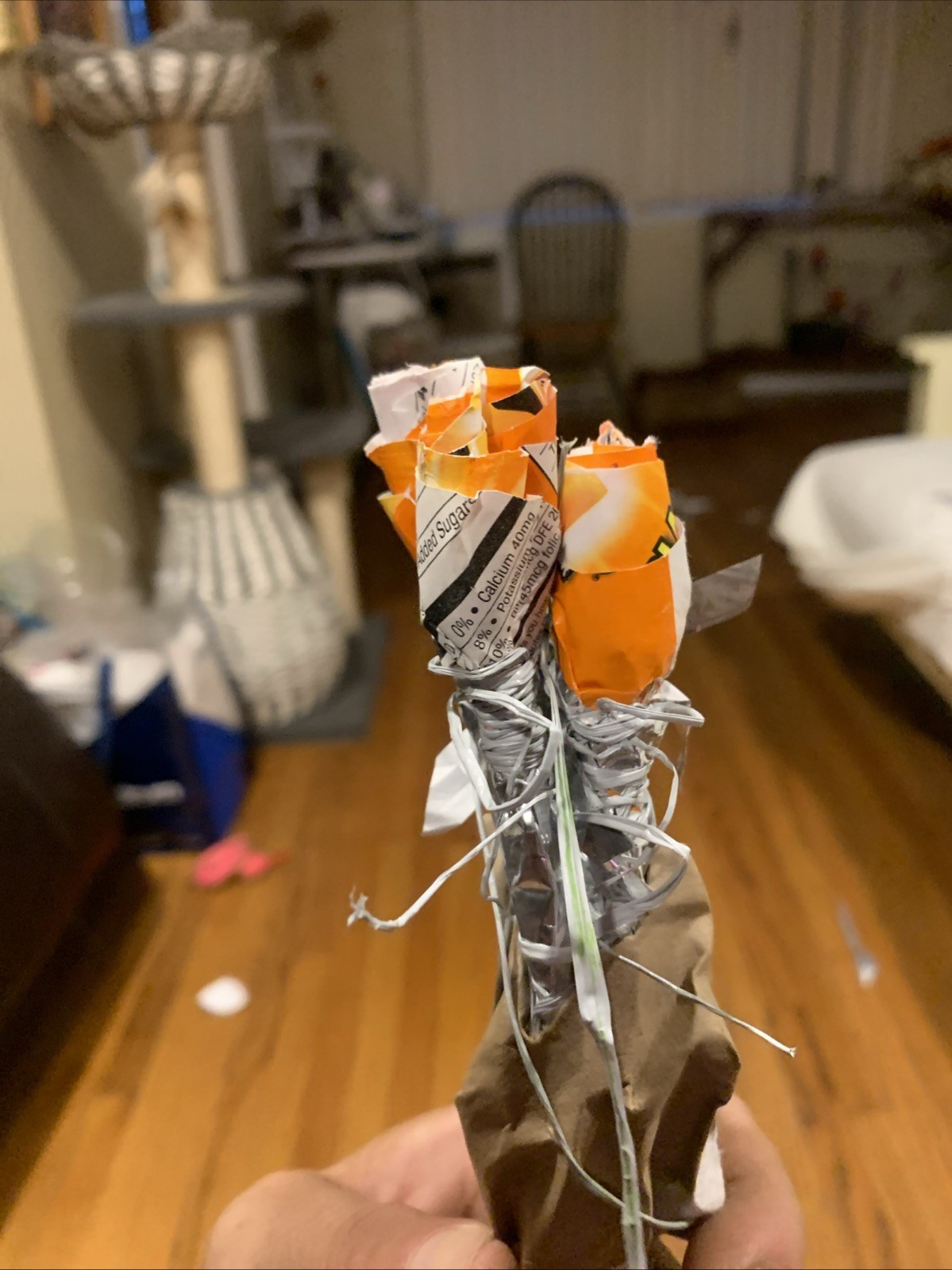 Three Rose Stems w/orange Rose Buds Made From •Gold Fish Snack Cover Wrap W Love