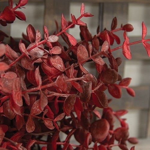 NEW PRIMITIVE Farmhouse BUSH Floral EUCALYPTUS 13″ H BURGUNDY Cottage Rustic