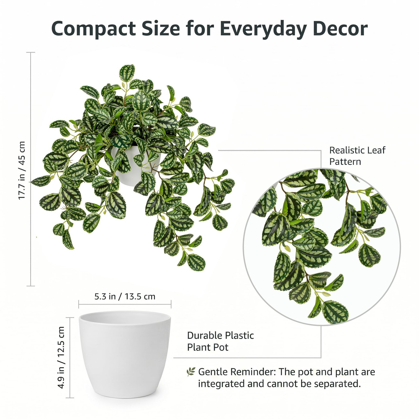 Faux Plant Indoor, 17.7″ Artificial Watermelon Peperomia Trailing Plant in Wh…