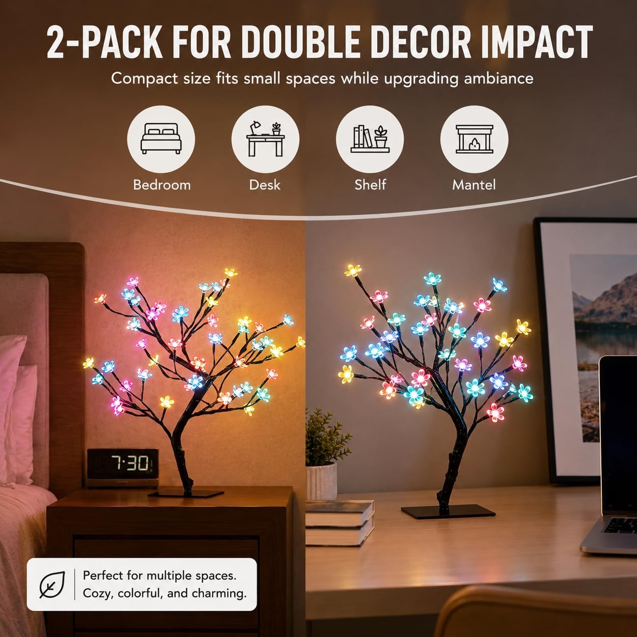 Smart LED Cherry Blossom Bonsai Tree 2 Pack, 16 Inch RGB Lamp