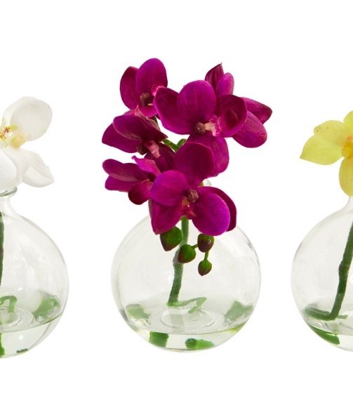 Nearly Natural 9-in Phalaenopsis Artificial Orchid in Vase – Set of 3