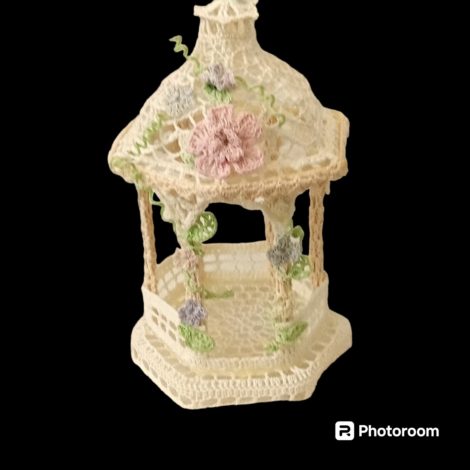 Hand Crocheted Gazebo Sculpture Spring Floral 9” by 6″ Cottage Core Whimsical