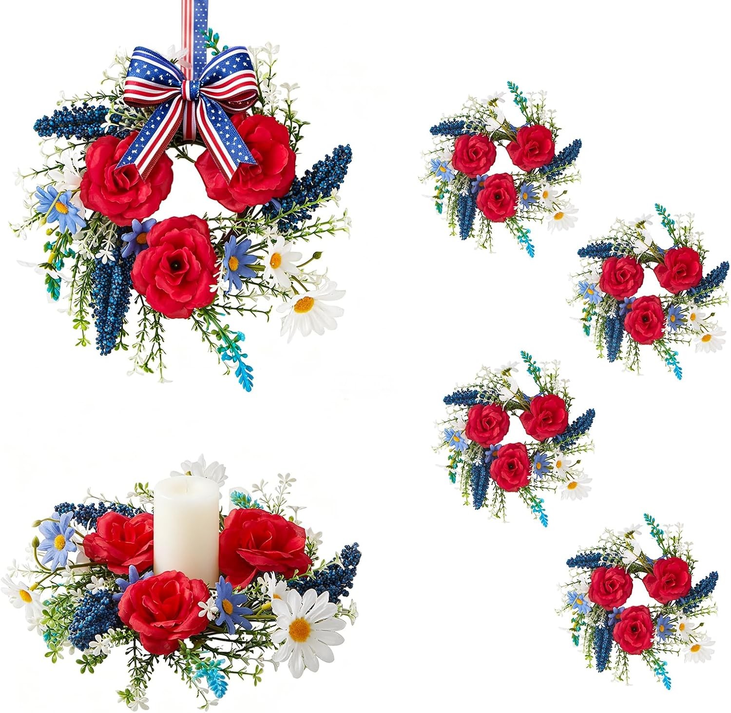 4 PCS Eucalyptus Taper Candle Rings Wreaths White Berry 1.38″ Mini Spring Summer
