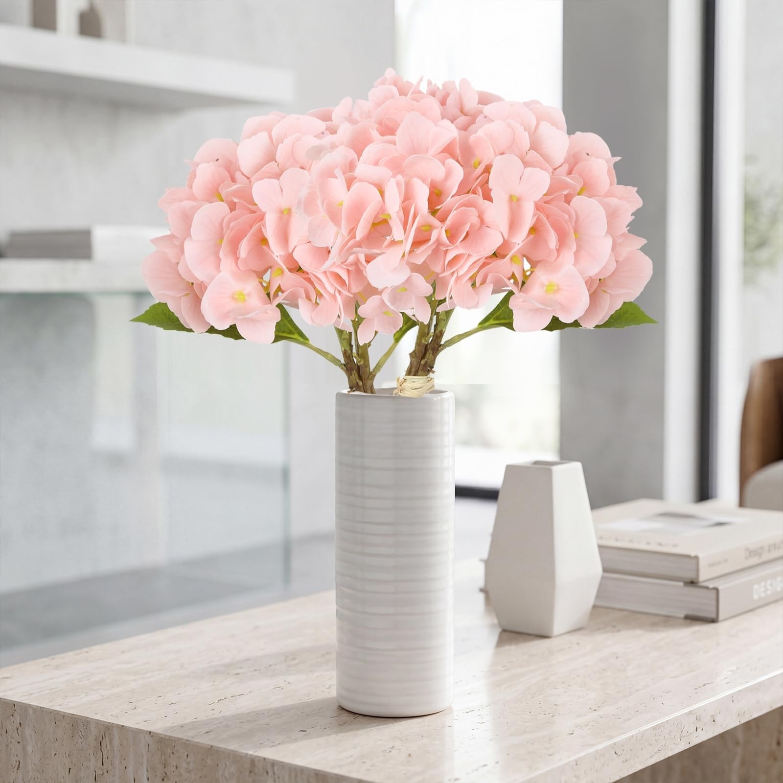 2 Bouquets Light Pink Real Touch Hydrangea Artificial Flowers 6PCS Latex Faux…