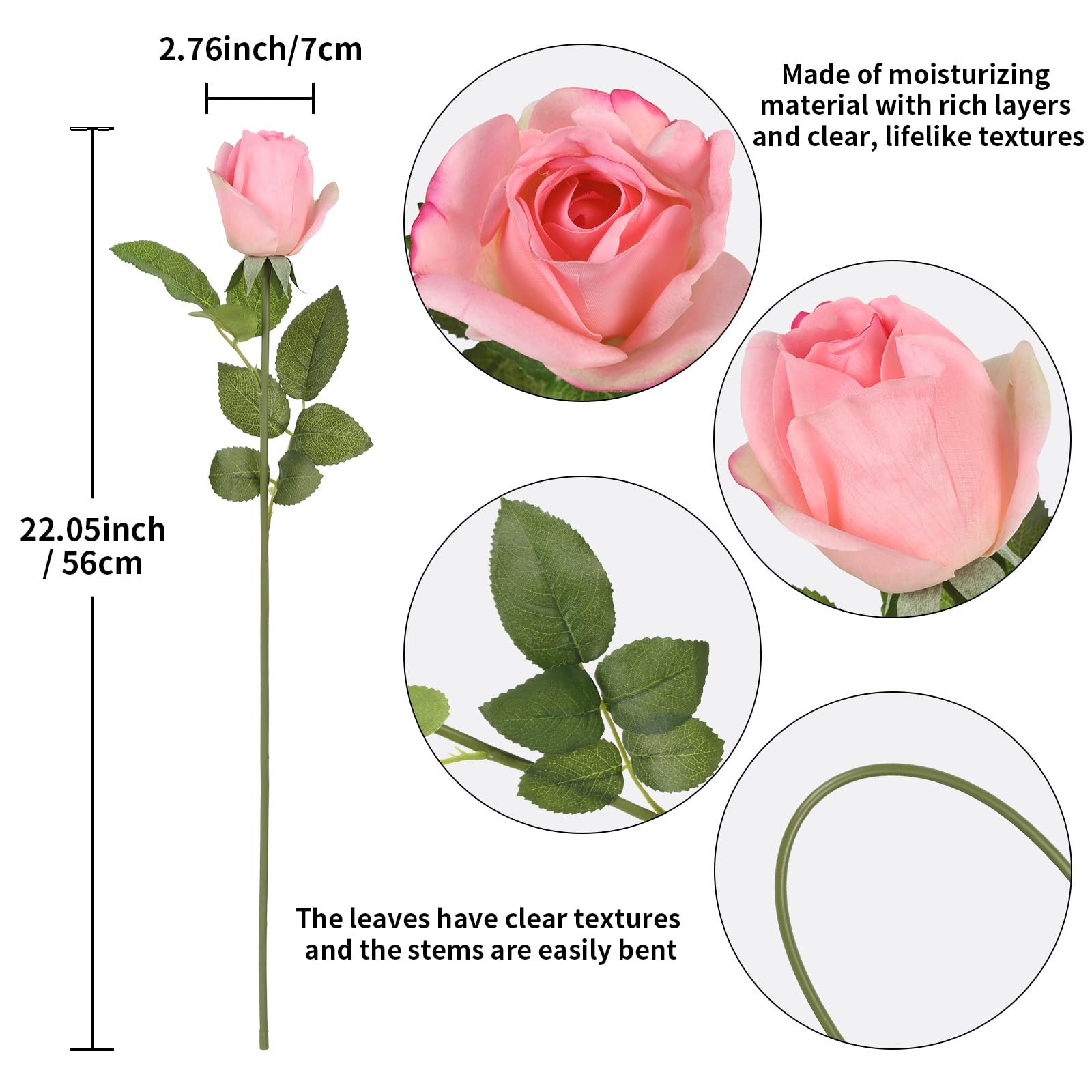 12PCS 22″ Pink Real Touch Roses Artificial Flowers Realistic Rose Long Stem R…