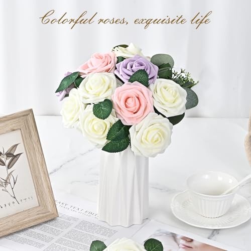 16 Pcs Artificial Foam Roses Ivory White Fake Flowers DIY Wedding Bouquet Decor