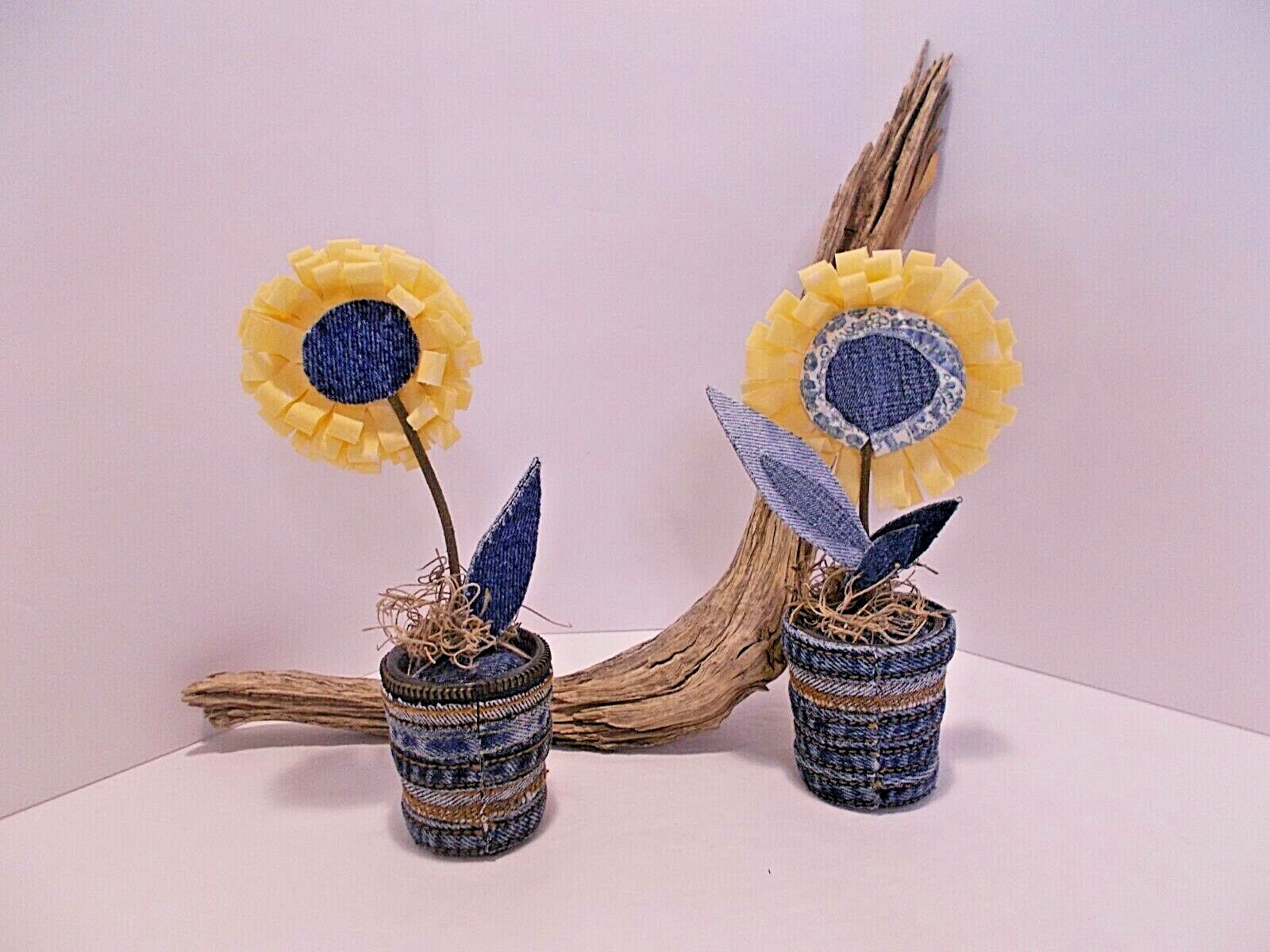 Fabric and Denim Sunflowers in Tiny Denim and Zipper Vases Set of 2 Handcrafted