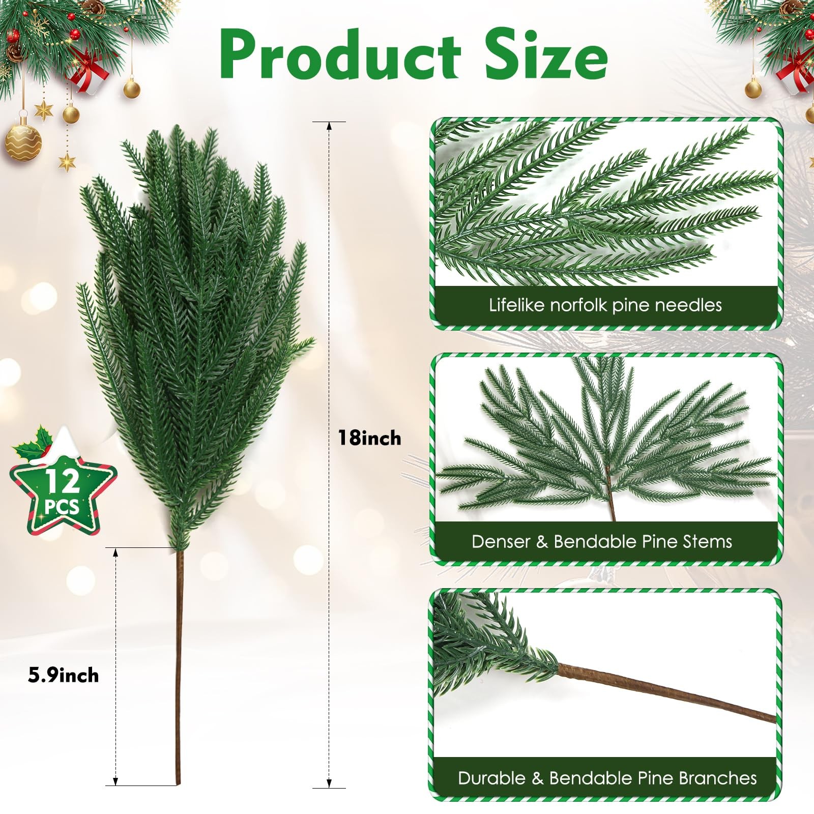 18″ Real Touch Norfolk Pine Stems for Christmas Decoration, Artificial Pine B…
