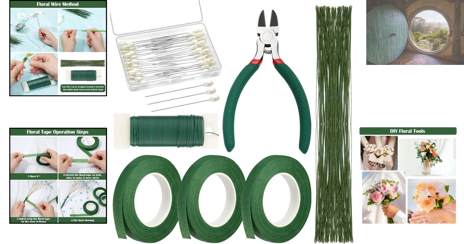Waterproof Floral Arrangement Kit: 100 Stem Wires, Tape & Pins for DIY Bouquets