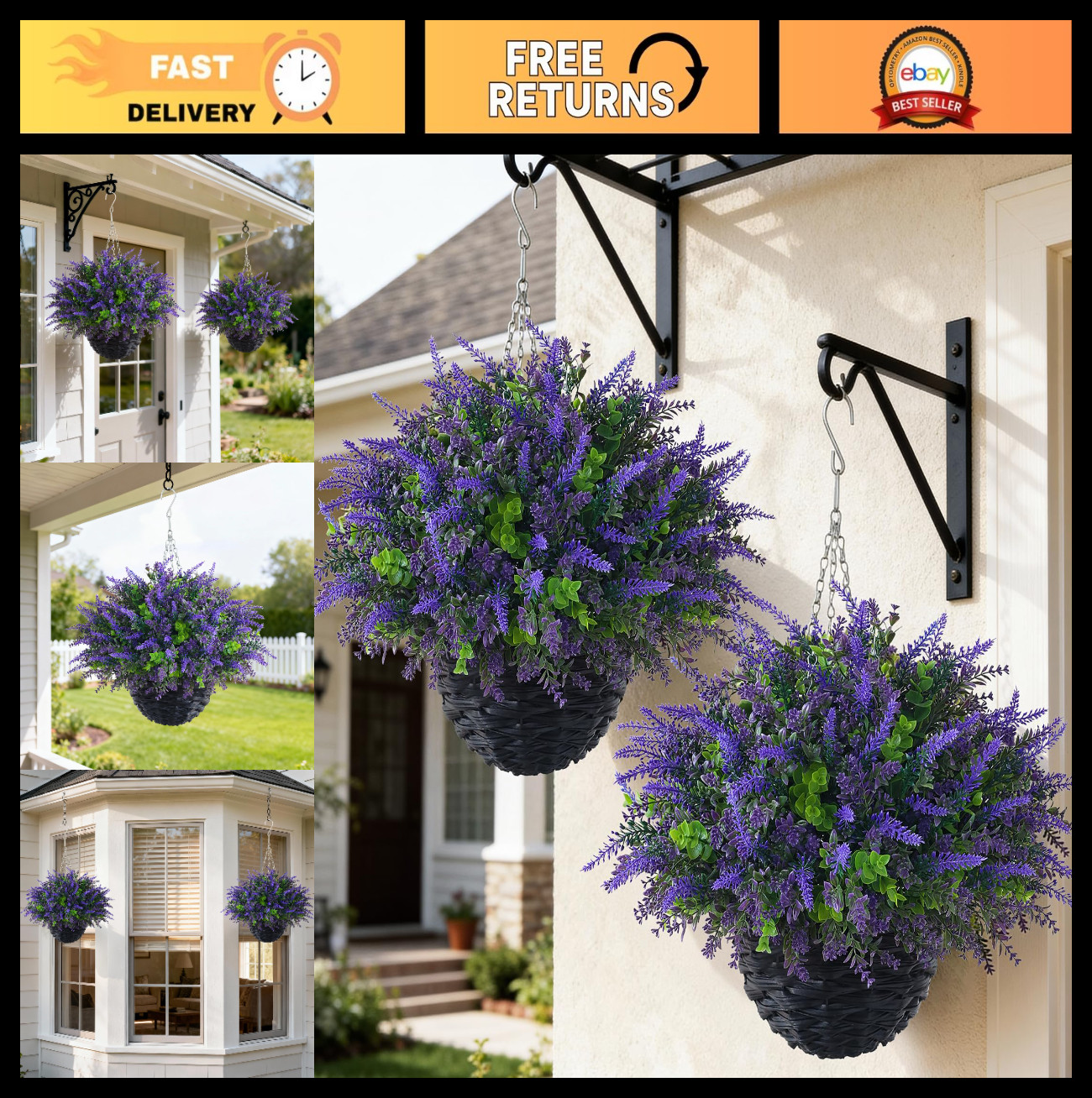2 Sets Artificial Lavender & Eucalyptus Hanging Baskets – UV-Resistant Outdoor D