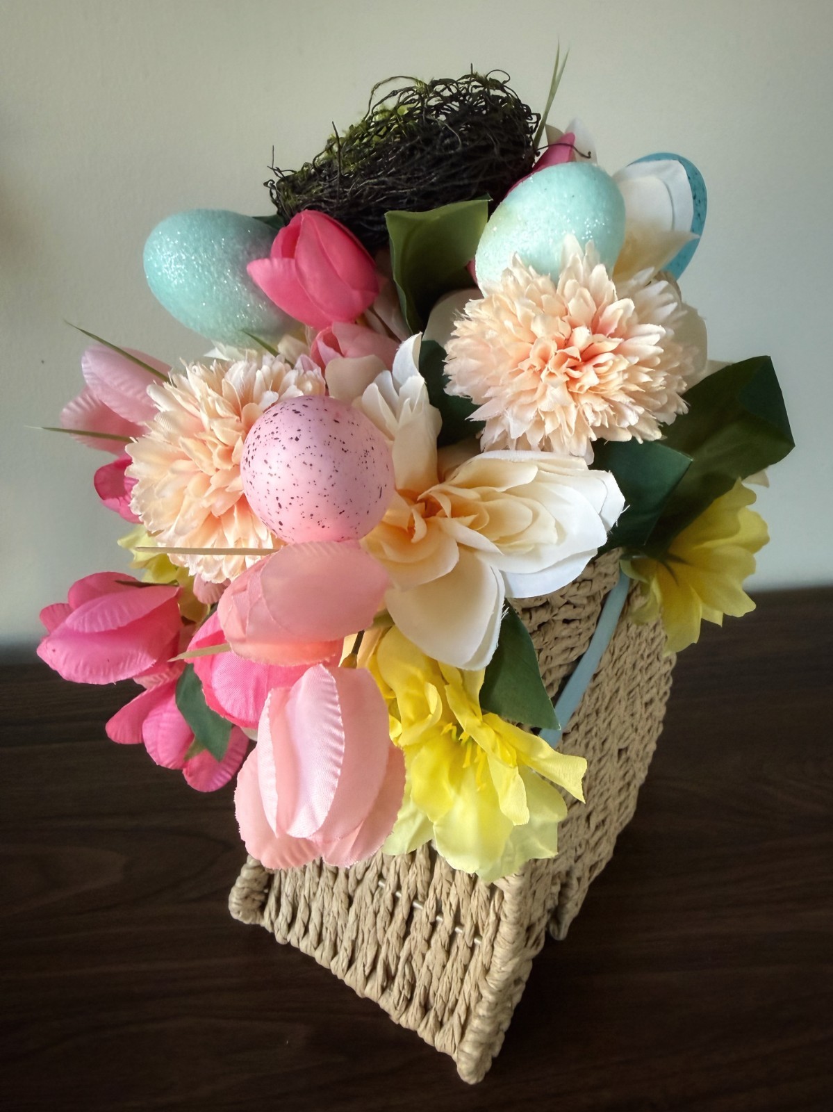 Rabbit Shaped Container With Yellow, Pink, & White Flowers Centerpiece