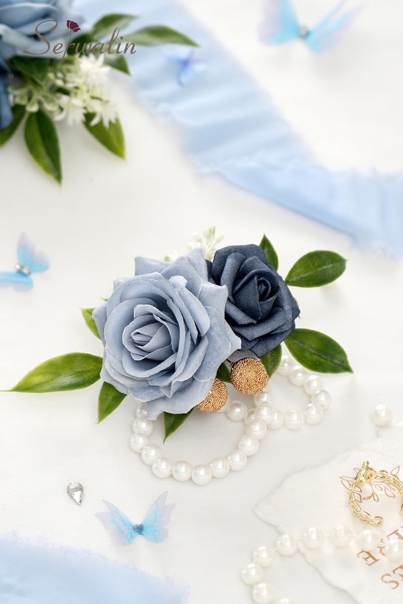 Dusty Blue Rose Prom Wrist Corsage Boutonniere Set Wedding Flowers 2 PCS
