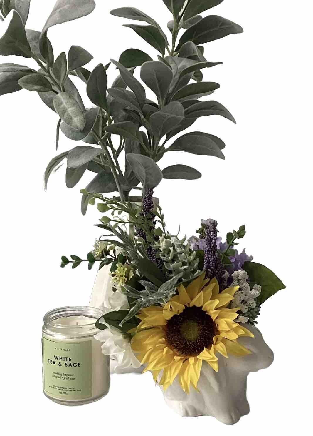 Cottage Ceramic Bunny Floral Decor “French Countryside” Sunflowers & Lavender