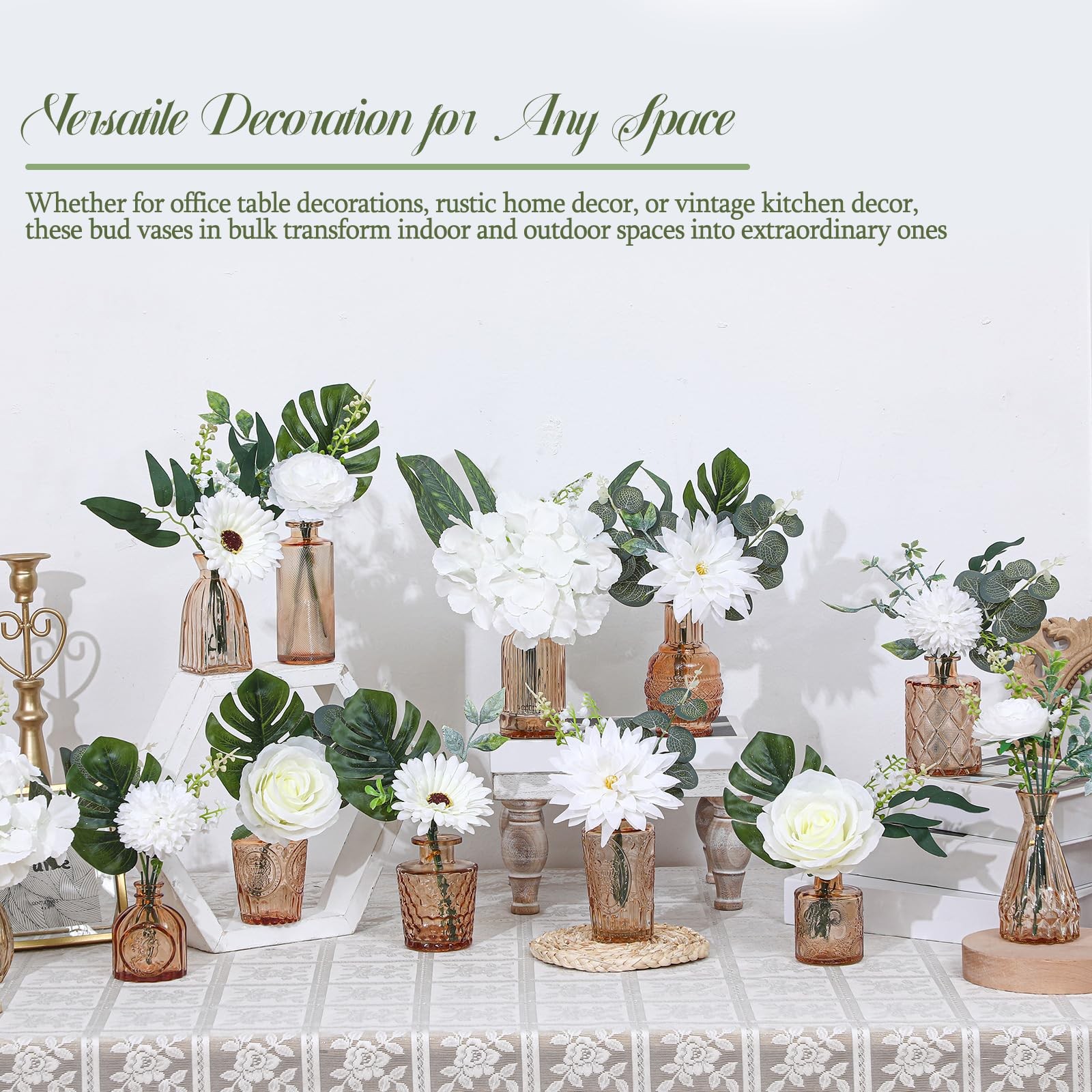 FoldTier 108 Pcs Artificial Flowers in Vase 96 Pcs Faux Greenery Stem Table C…