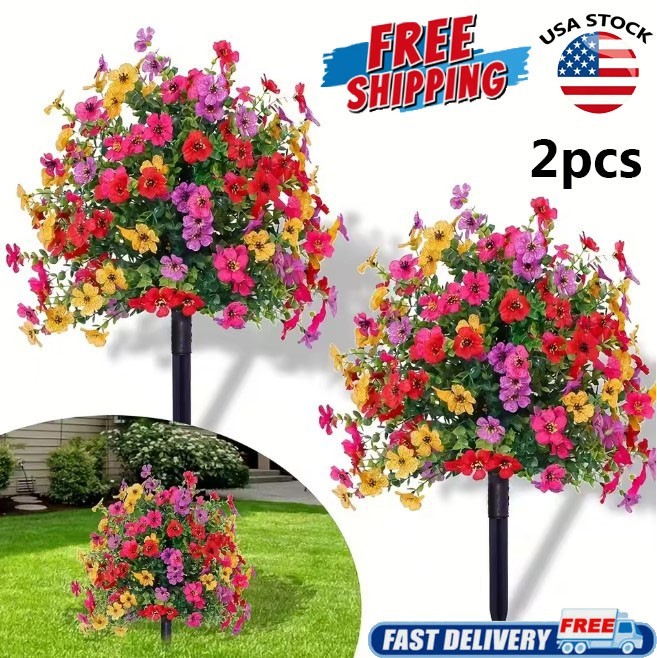 2PCS Artificial Violet Flowers Ground Spike Fake Plants Garden Patio Yard Decor