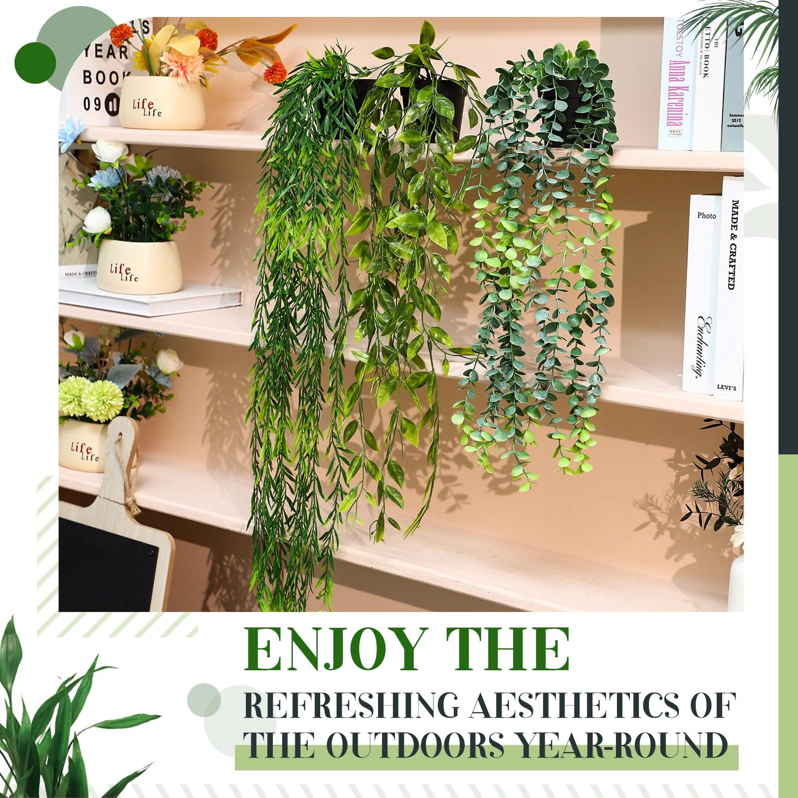 FineCheer 24pcs Artificial Hanging Plants 7.5×28.3×9.8in, Wall Shelf Decor