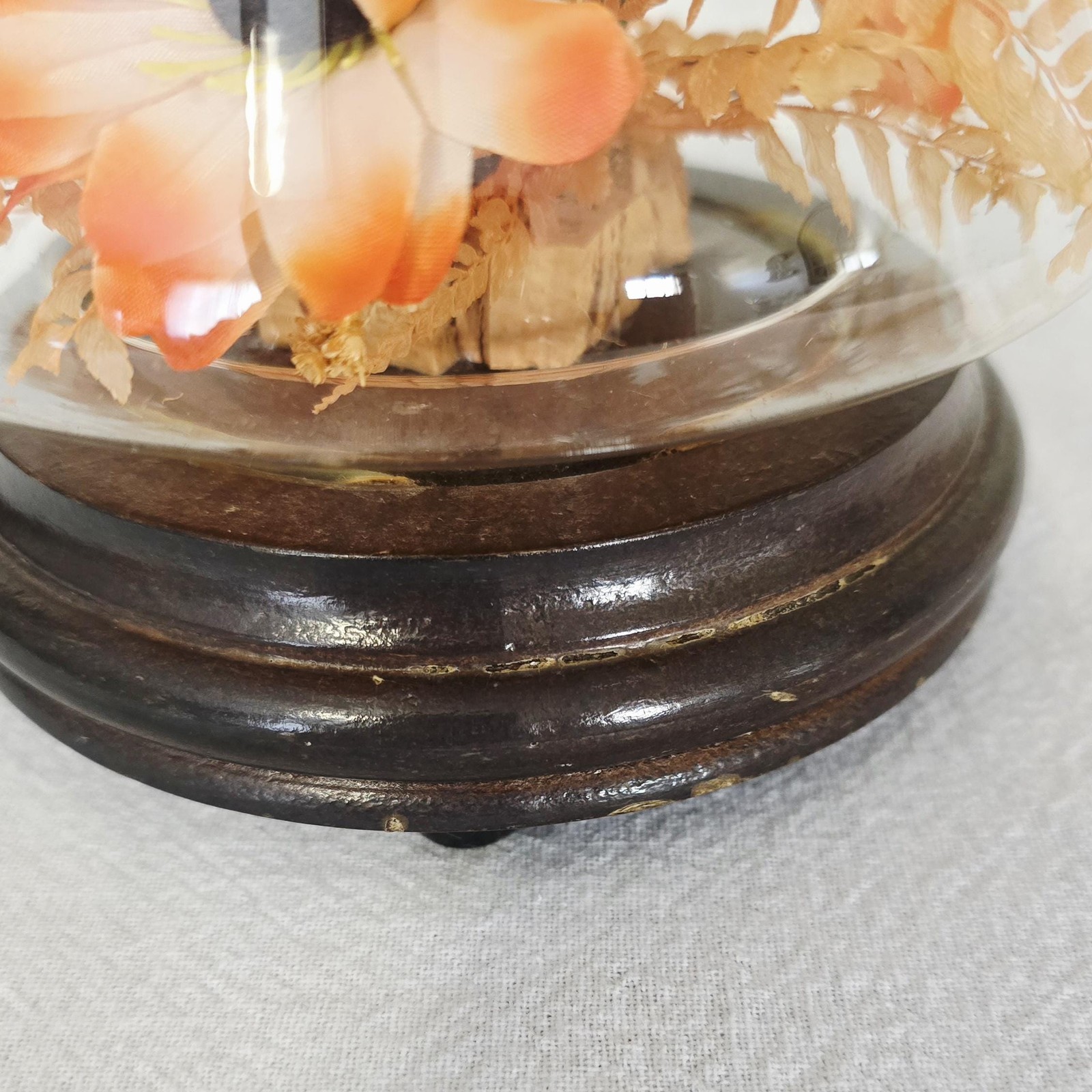 Vintage Kmart Orange Faux Floral Arrangement Glass Cloche, Bell Jar Dome on