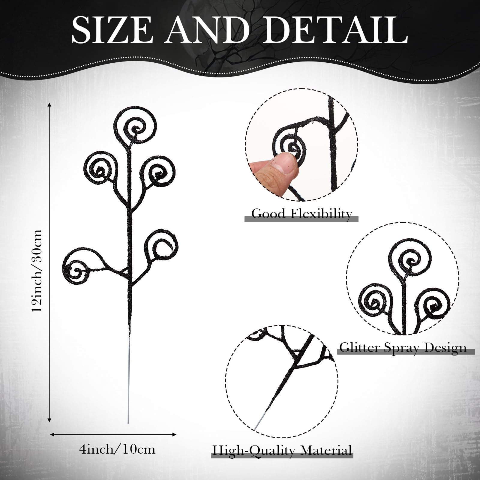Decorative Picks 50 Pack Black Glitter Curly Stems 12 Inch Decor