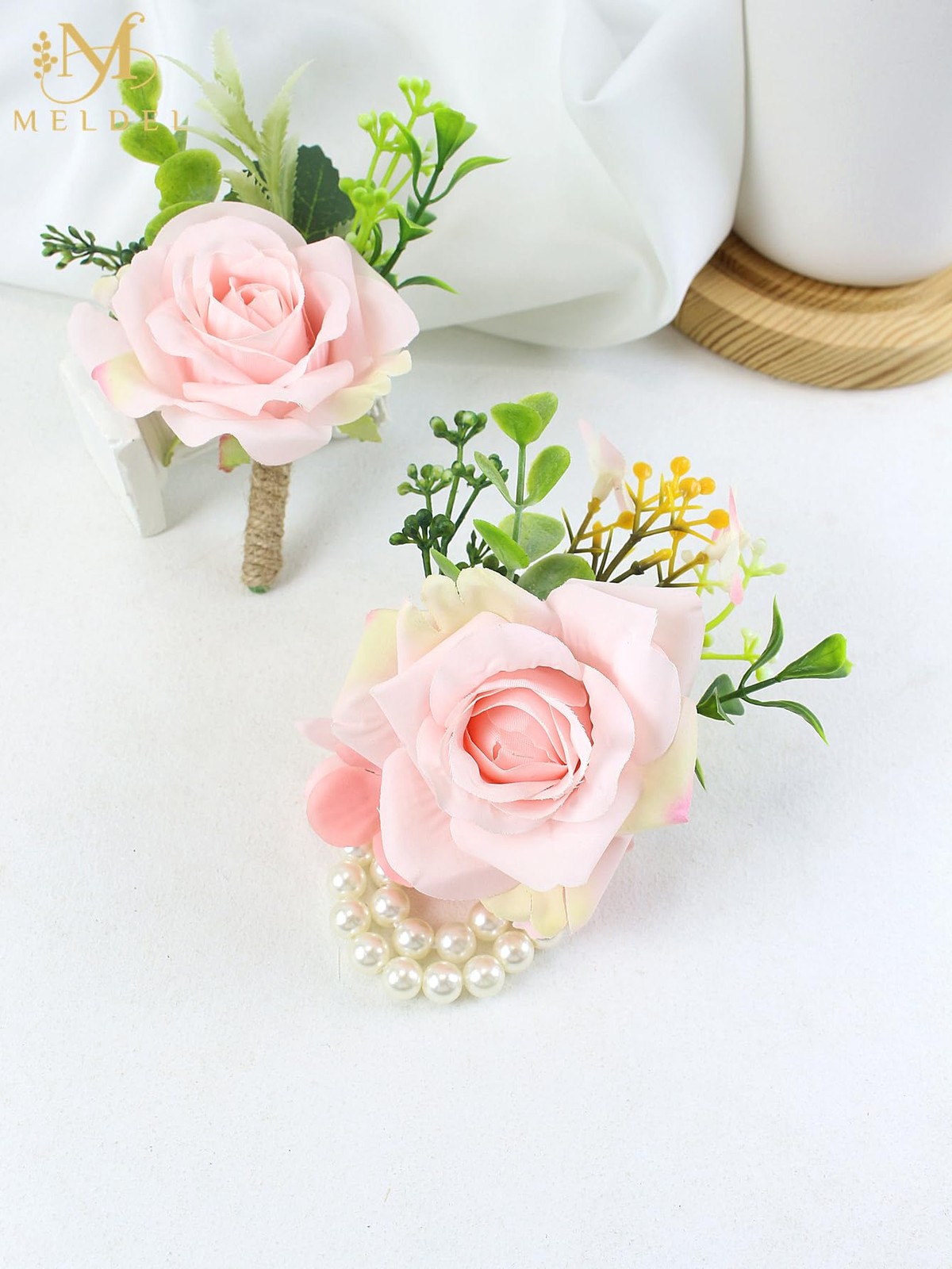 2 PCS Artificial Silk Rose Wrist Corsage Boutonniere Bride Wedding Prom
