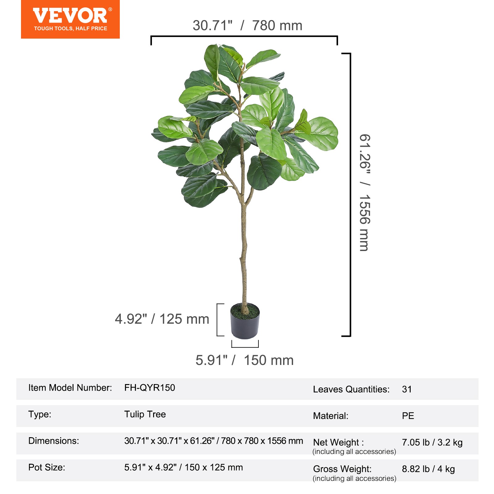 VEVOR 5 FT Artificial Fiddle Leaf Fig Tree Indoor Outdoor Office Corner Decor