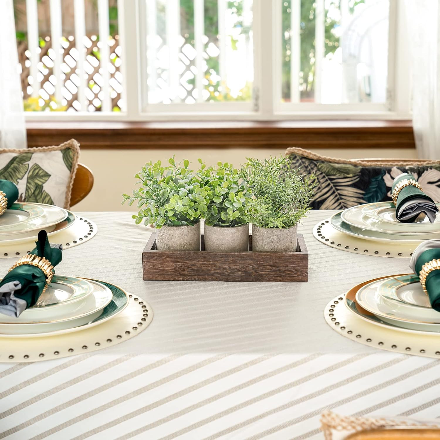 3 Pack Mini Potted Artificial Eucalyptus Fake Plants with Wood Tray Centerpiece