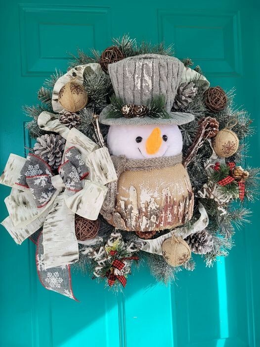 Cute, Snowman, Evergreen, Christmas Wreath With Pinecones and Wired Ribbon
