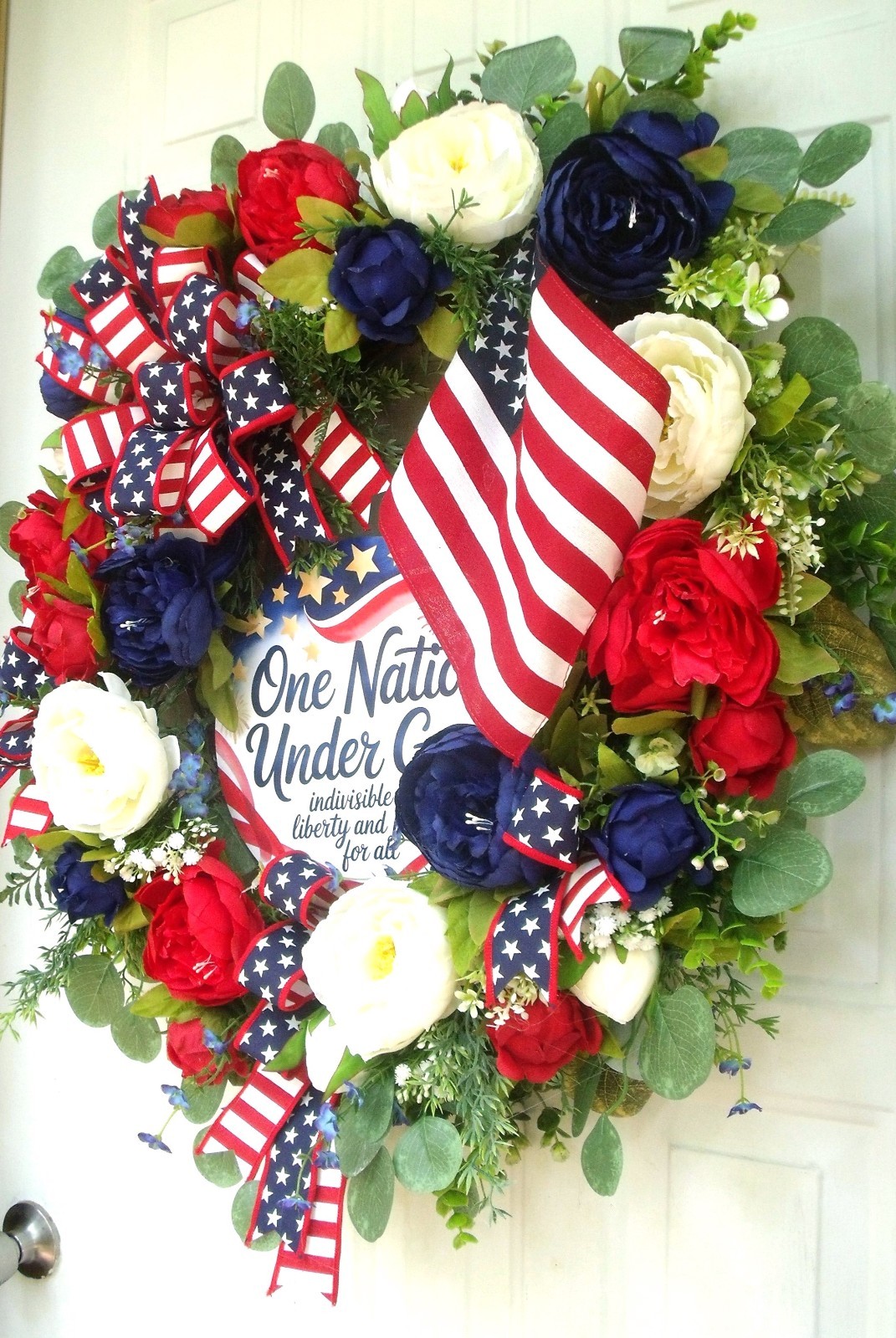 Patriotic Peony/Flag Wreath, Red/White/Blue, One Nation Under God