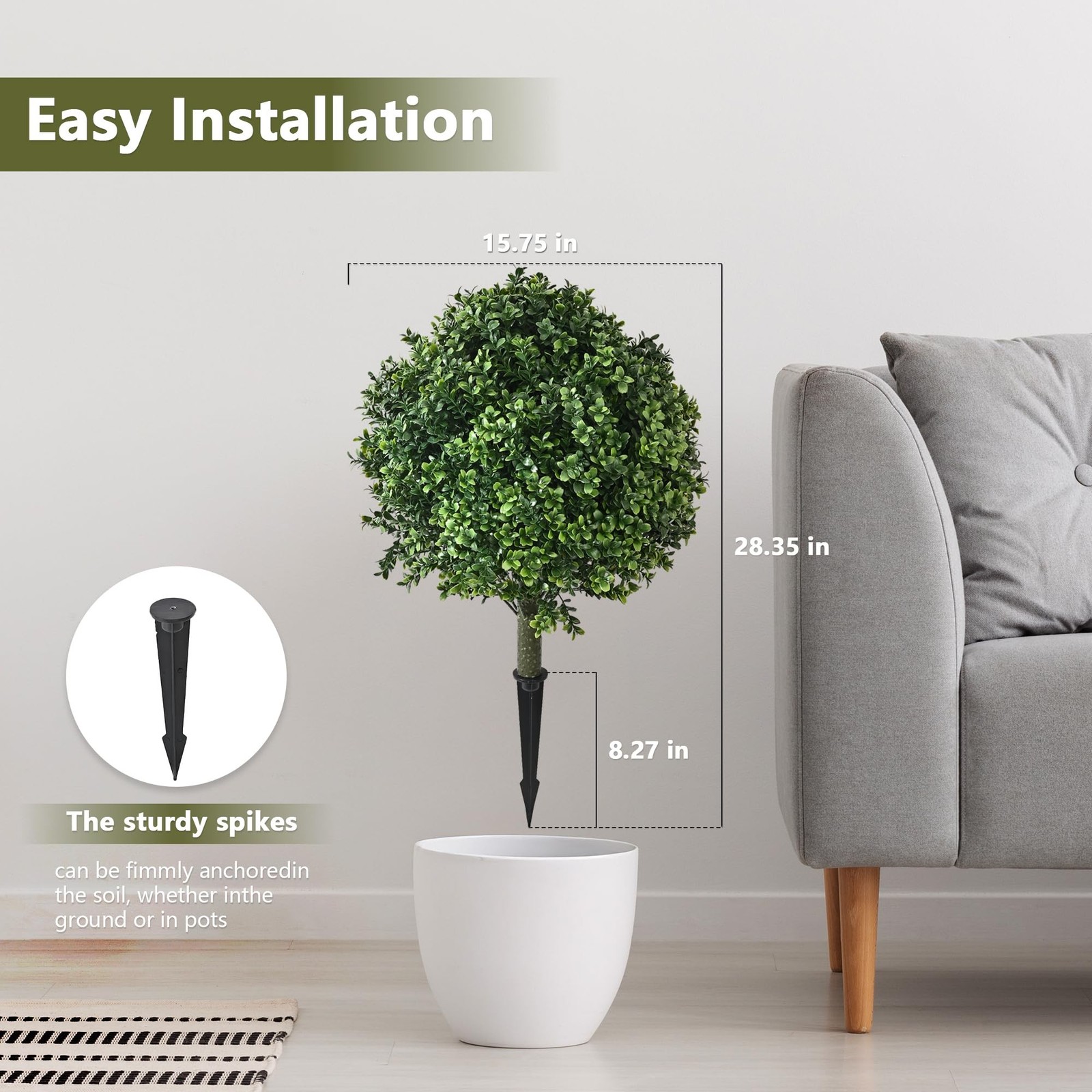 28″ Boxwood Topiary Ball Trees Set of 2 Ground Spike UV Resistant Indoor Outdoor