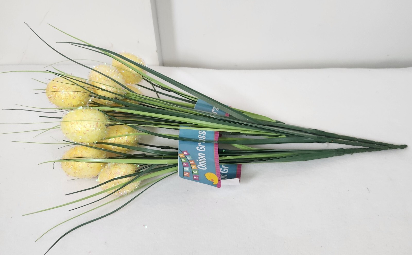 Set of 3 Faux Floral Pick~Onion Grass+Yellow Glittery Easter Eggs SPRING DECOR