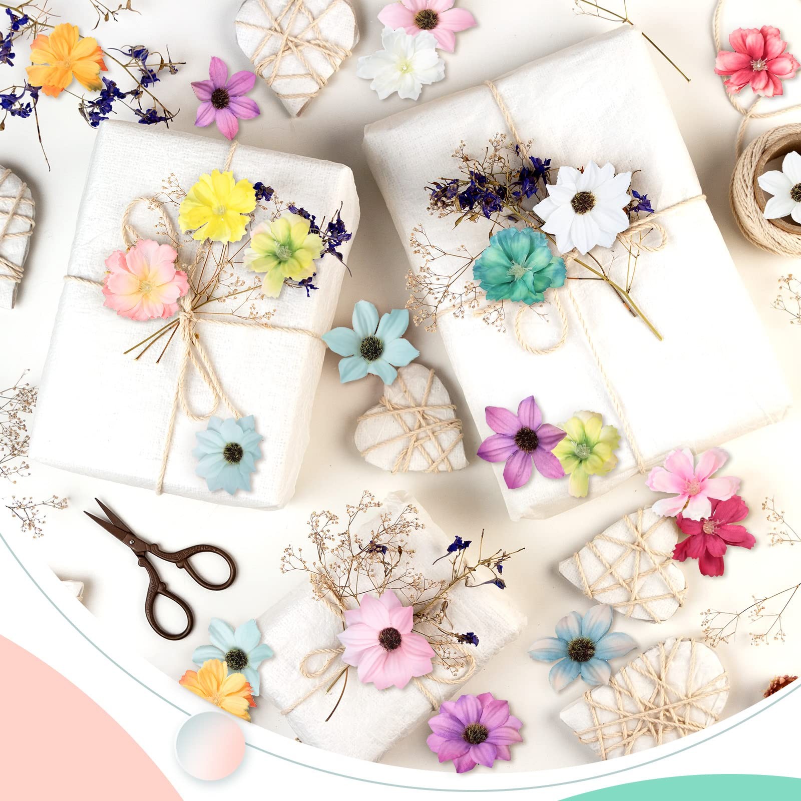 200 PCS Small Artificial Fake Silk Daisy Rose Peony Flower Heads Craft Wreath