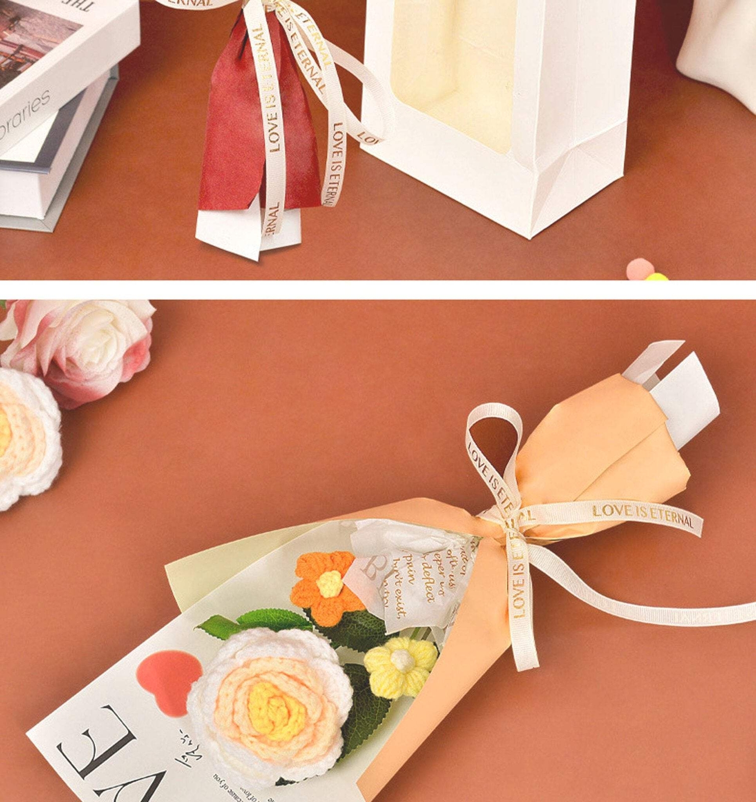 Rose Crochet Flower Valentine Gift for Wife Girlfriend 1 Rose 2 Daisies Gift Bag