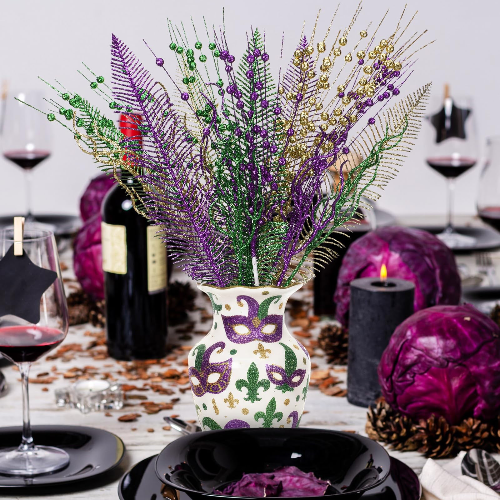 18 Pcs Mardi Gras Glitter Tree Picks Purple Gold Green Centerpiece Table Deco…