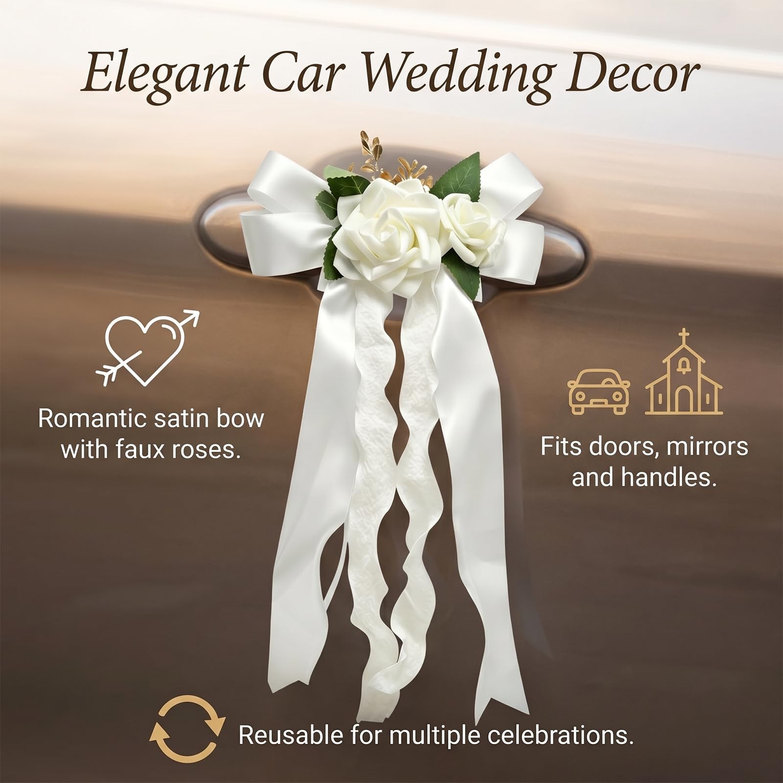 4 PCS Elegant White Artificial Flower Bow Set, Car Decoration for Wedding Doo…