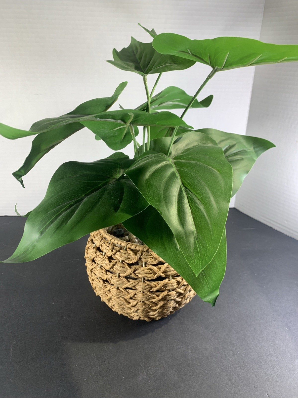 Faux Tropical Sweetheart Plant Seagrass Woven Planter Alocasia River Rock 12”