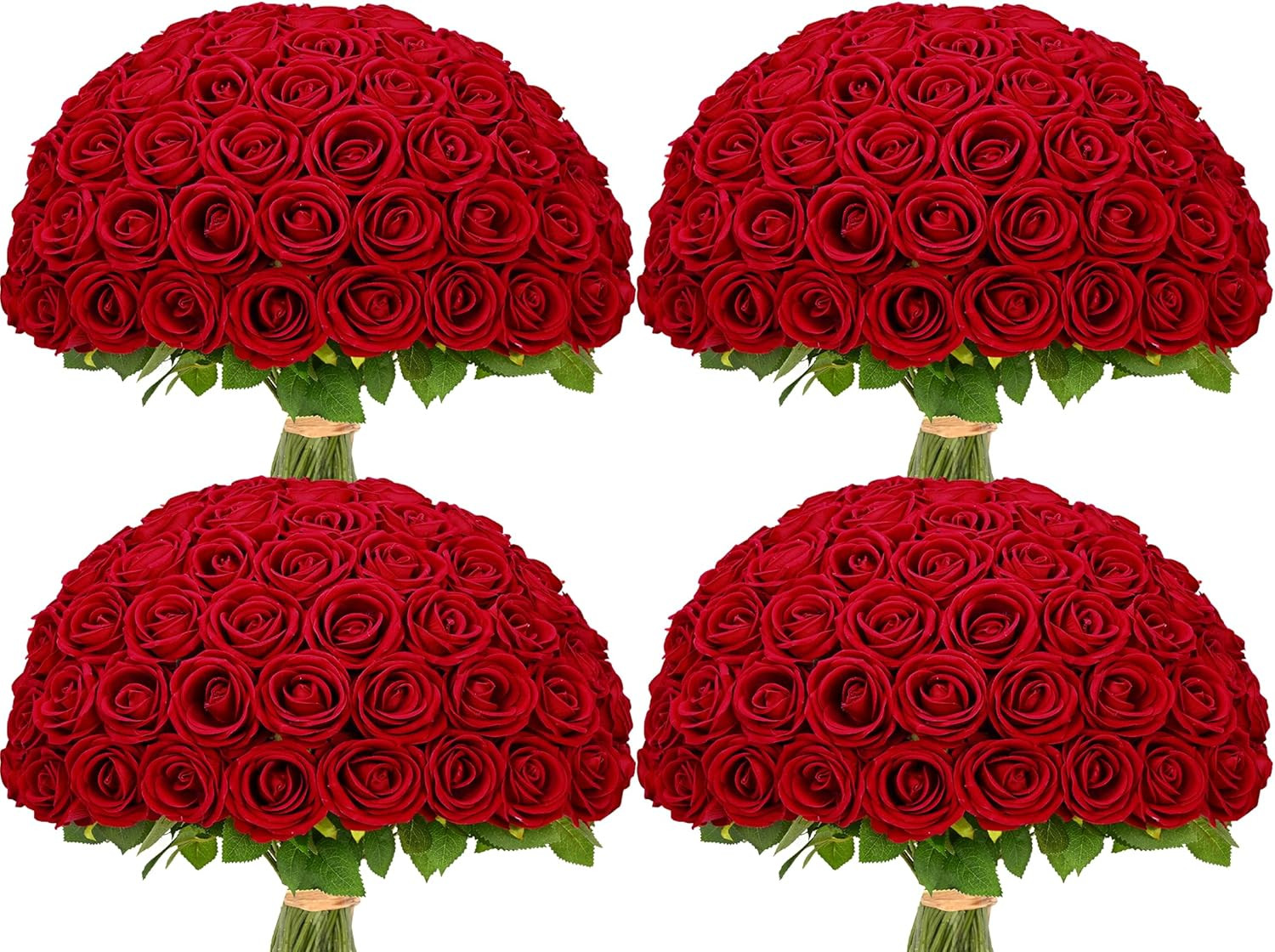 100 Pcs Red Roses Artificial Flowers Bulk, Real Touch Velvet Roses with Wrapping