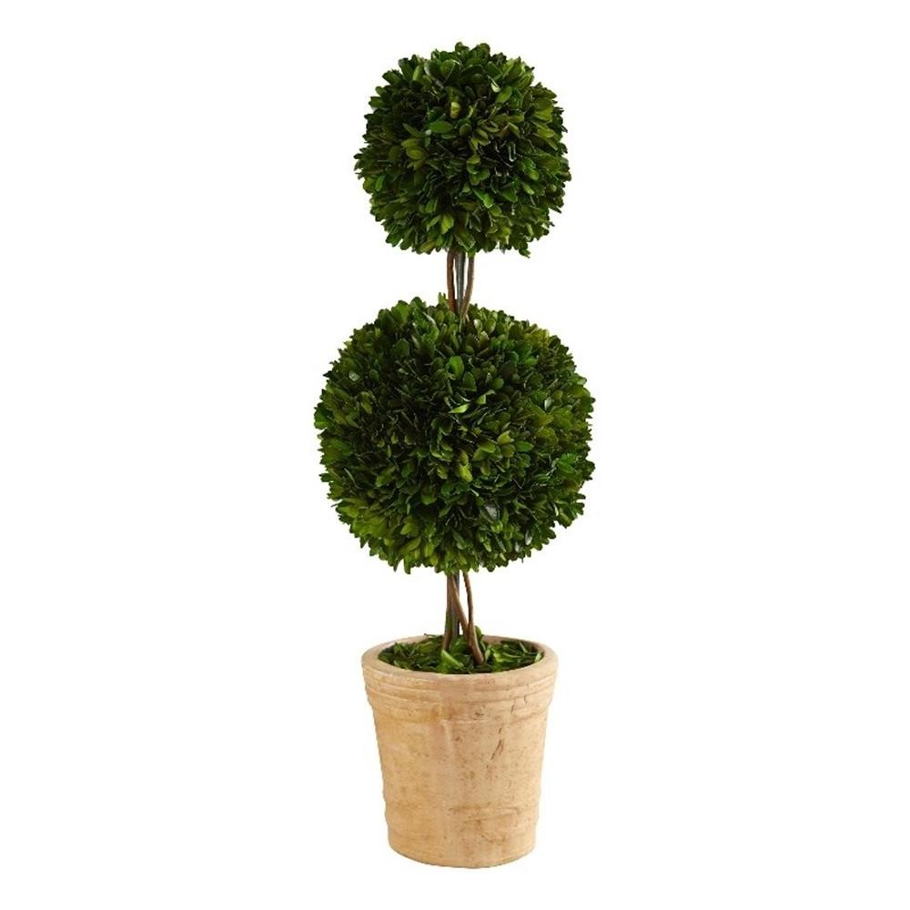 Nearly Natural 2.5ft Preserved Boxwood Double Ball Topiary Tree in Planter